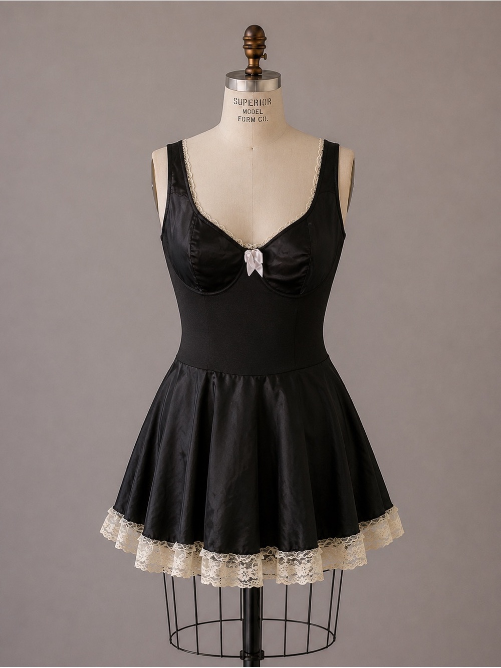 Vintage Frederick’s of Hollywood Black Satin & Lace Slip Dress – Size XL